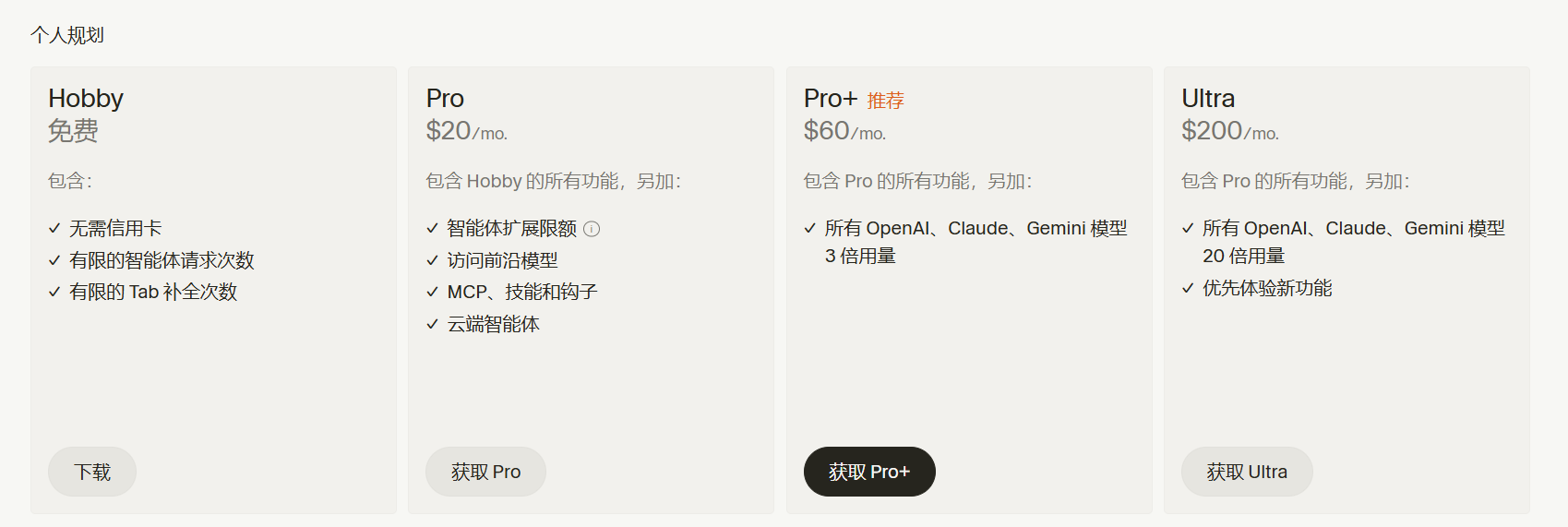 Cursor 价格表示意